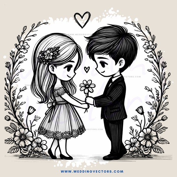 a boy and girl in wedding dresses holding flowers