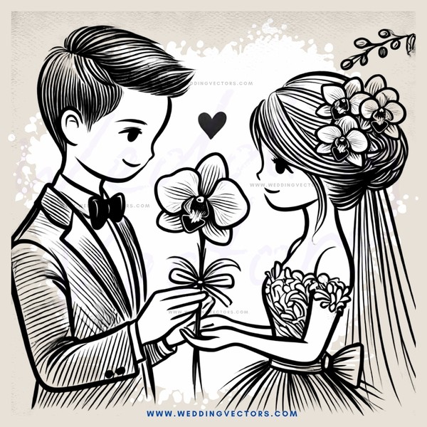 a couple holding flowers and making an 'i love you' sign