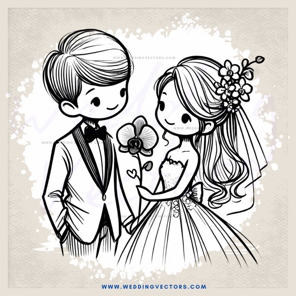 a boy and girl exchanging flowers