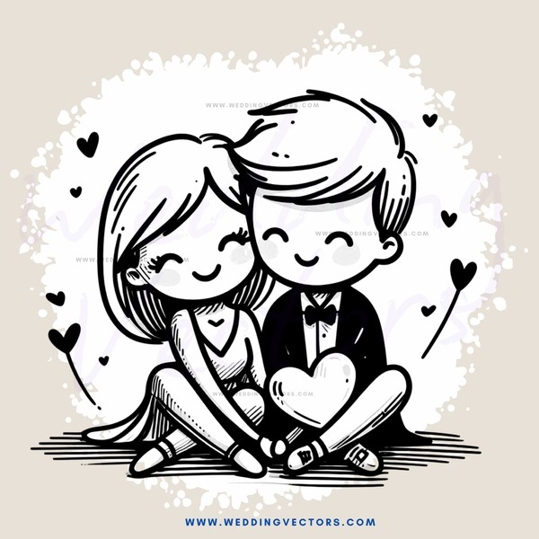 a boy and girl sitting together with hearts surrounding them