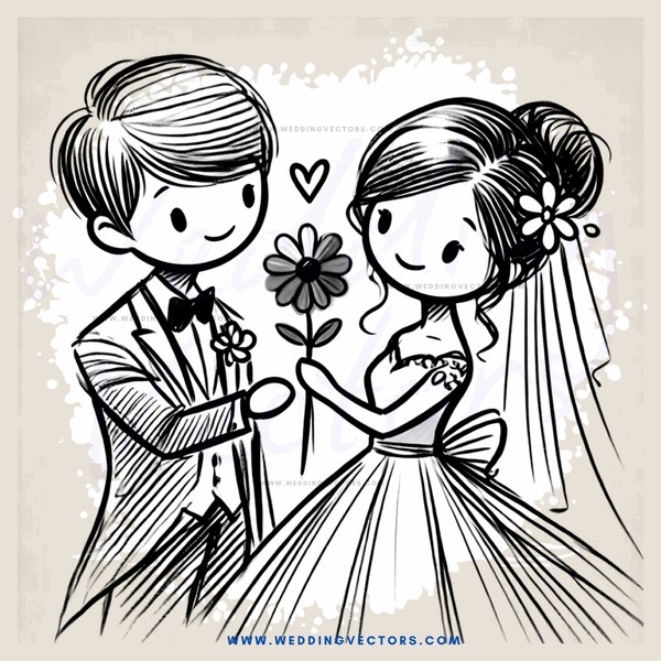 a bride and groom with a flower