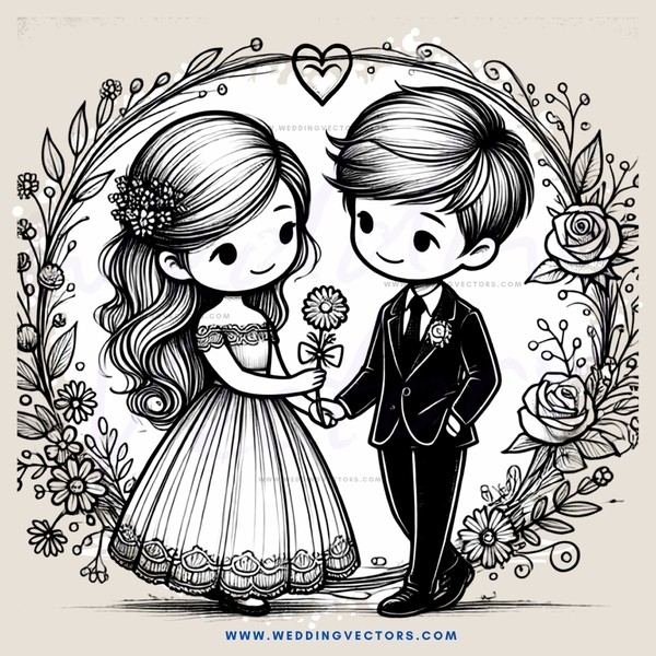 a boy and girl holding hands in front of an arch of flowers