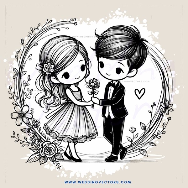 a boy and girl in wedding gowns standing together