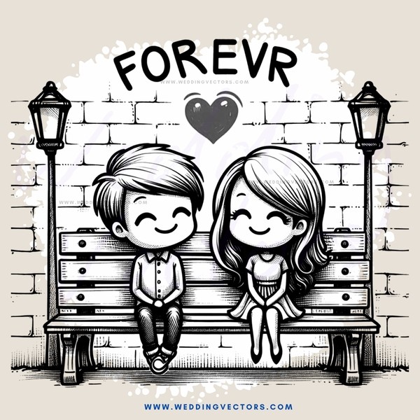 a couple sitting on a bench with a heart behind them