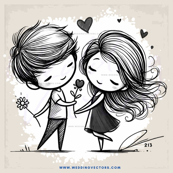 a couple holding flowers and hearts