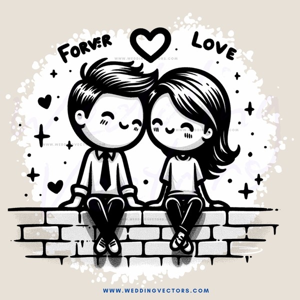 a couple sitting on a brick wall with a heart and the word "love" above them