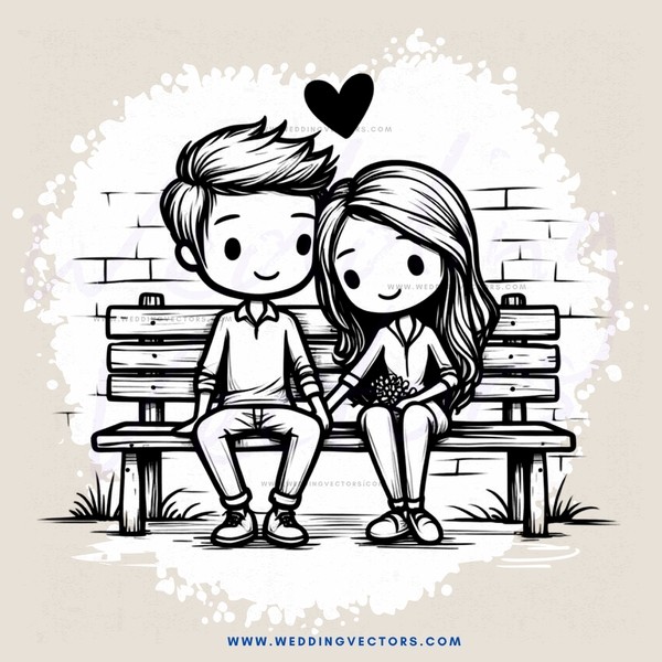 boy and girl sitting on bench, hearts in overlay