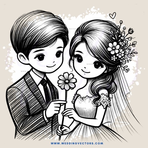 wedding portrait black and white drawing