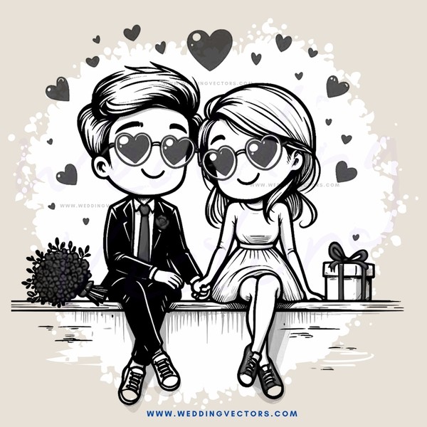 a couple in love with heart decorations around them