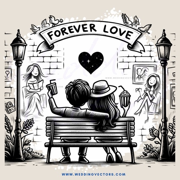 a couple sitting on a bench with a sign above them that says "forever love"