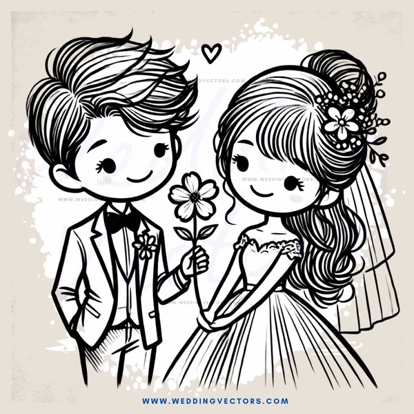 engagement couple in black and white cartoon style