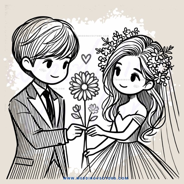 a couple exchanging flowers in black and white