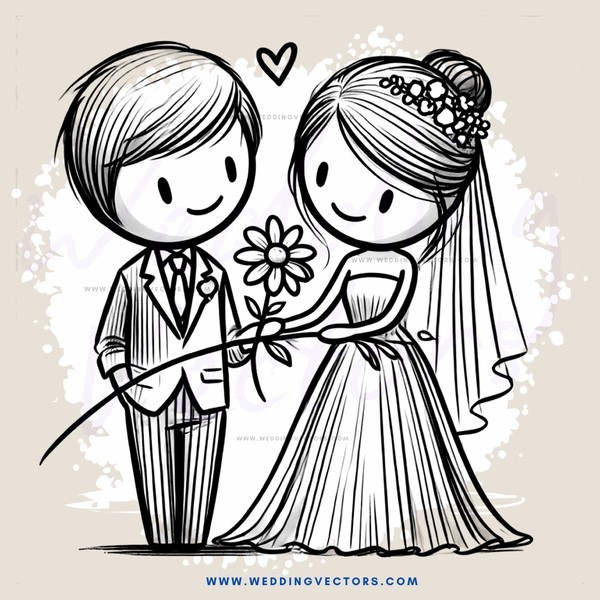a bride and groom with flowers and dresses