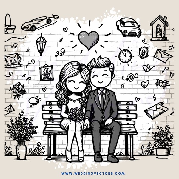 a couple sitting on a bench in front of bricks with love signs and objects