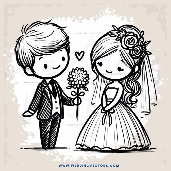 a bride and groom with flowers