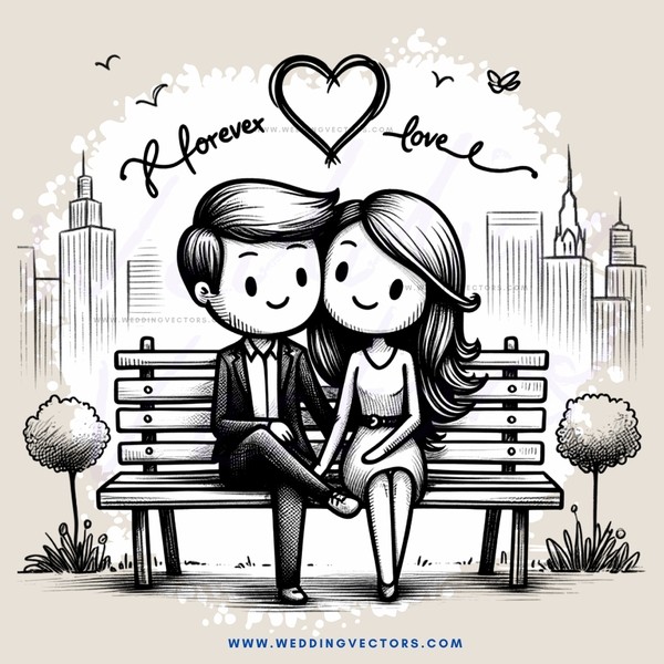 a couple on a bench in front of a city skyline with a heart and butterfly