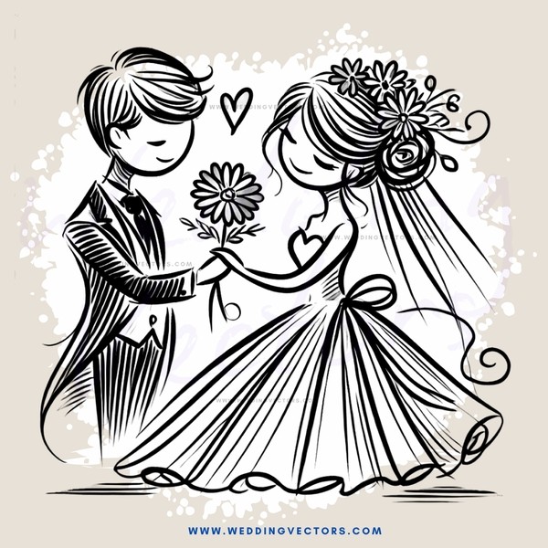 a couple exchanging gifts in their wedding dress and tuxedo