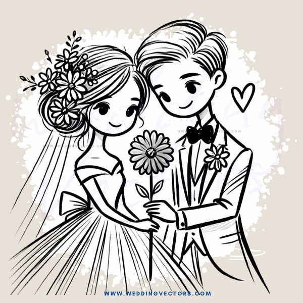 a bride and groom holding flowers
