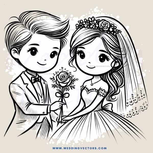 wedding bride and groom in black and white cartoon style drawing