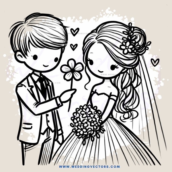 a bride and groom holding flowers
