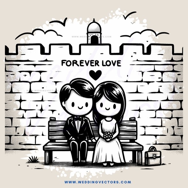 a cartoon depiction of a couple sitting on a bench with an engagement ring