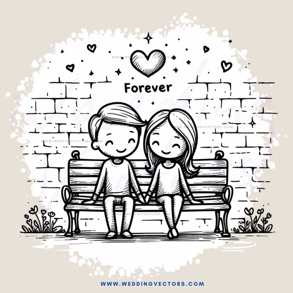 a couple sitting on a bench with a heart above them that says "forever" and some hearts and stars