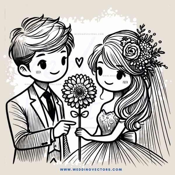 a bride and groom with flowers