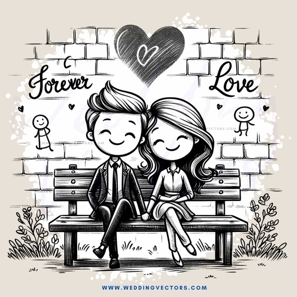 a couple sitting on a bench in front of a brick wall with a heart and the words "forever love" written on it