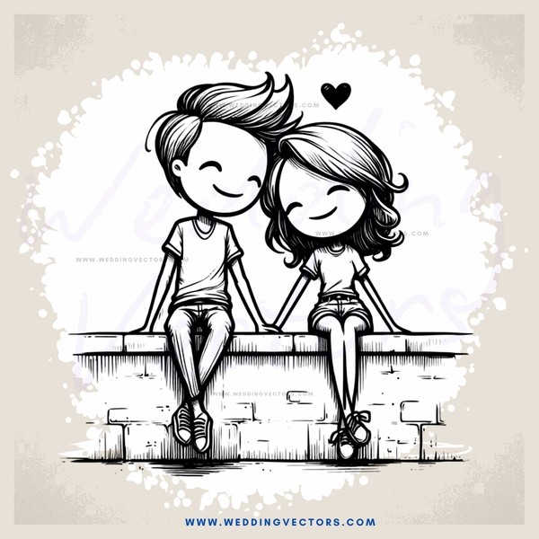 a couple sitting on a brick wall with an 'i love you' balloon above their head