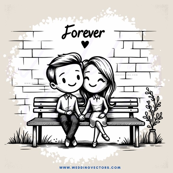forever couple sitting on bench by wall