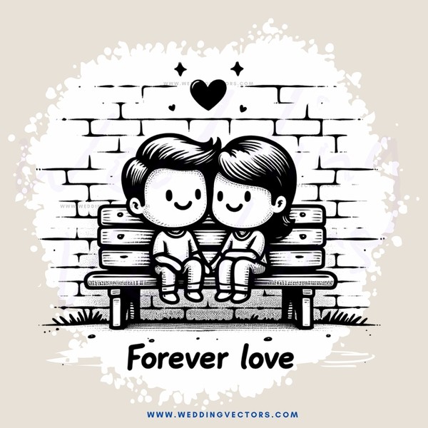 a couple sitting on a bench with "forever love" written underneath them