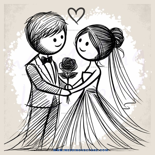 a newlywed couple hugging with a rose and an heart