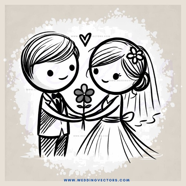 wedding cartoon in white and black line drawing