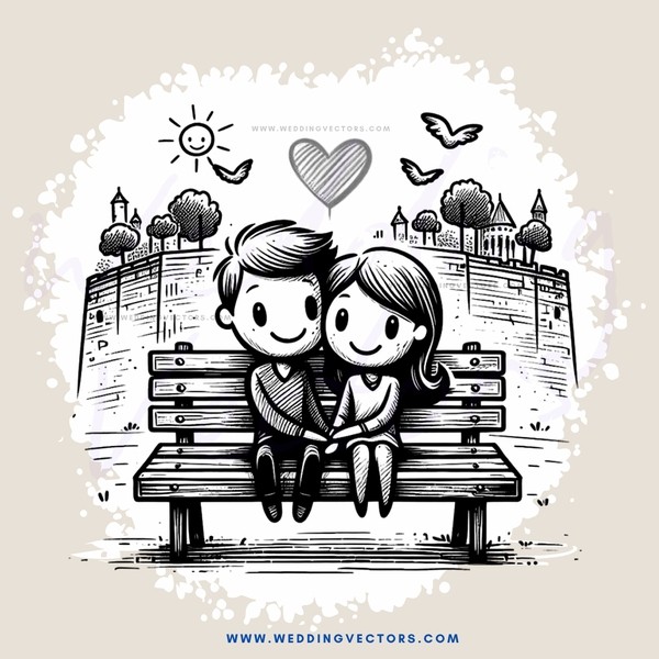 couple on bench with sun, clouds and birds