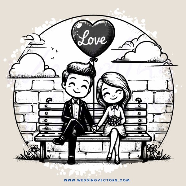 a couple sitting on a bench with an airborne heart above them