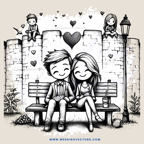 a young couple sitting on a bench together, with others around them