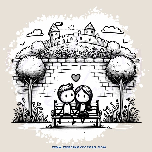 lovers in love sitting on bench under castle skyline