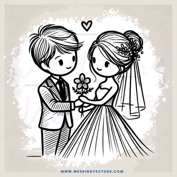 an illustration of an engaged couple holding flowers
