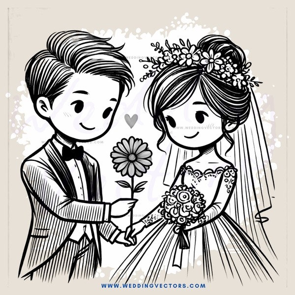 a bride and groom holding flowers