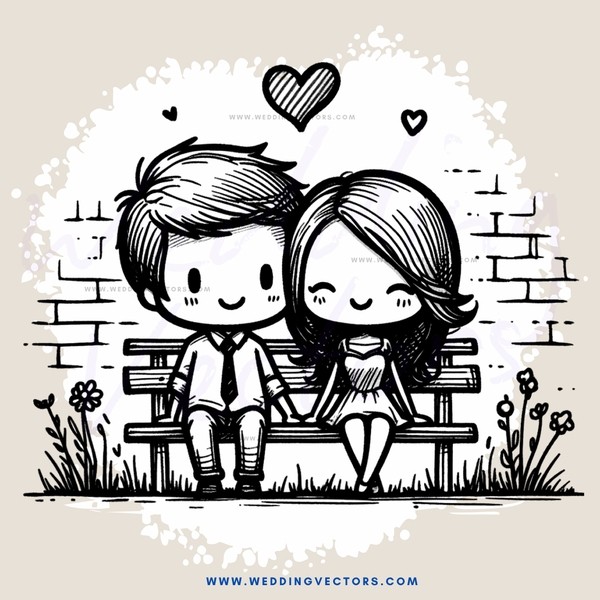 a couple sitting on a bench with hearts above them