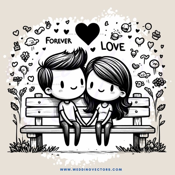 couple on a bench with "forever love" written above them