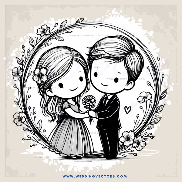 a boy and girl inside an oval with flowers