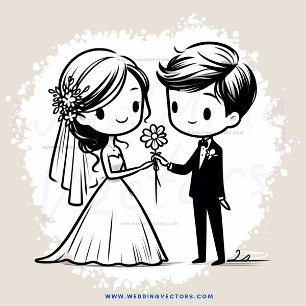 a bride and groom holding a flower