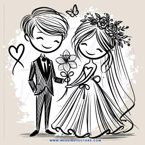 a couple holding flowers and wearing wedding attire
