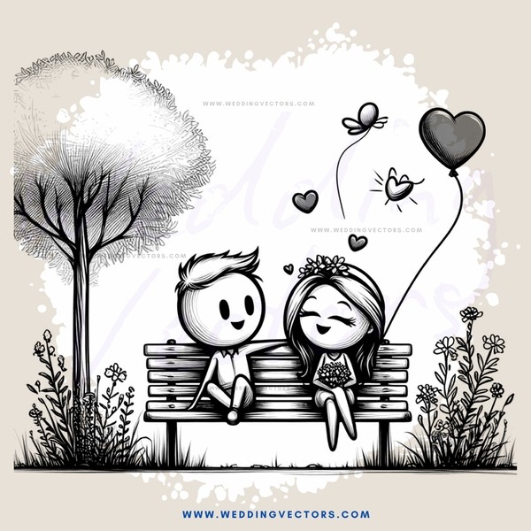 two people sitting on a bench with hearts and balloons around them