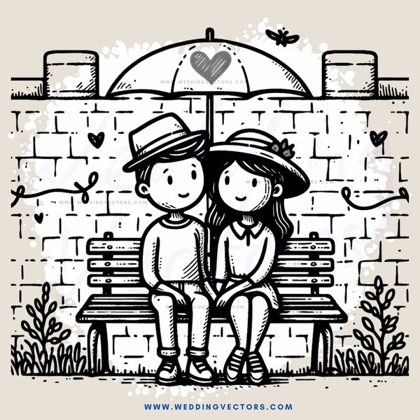 boy and girl on bench with umbrella over their hearts