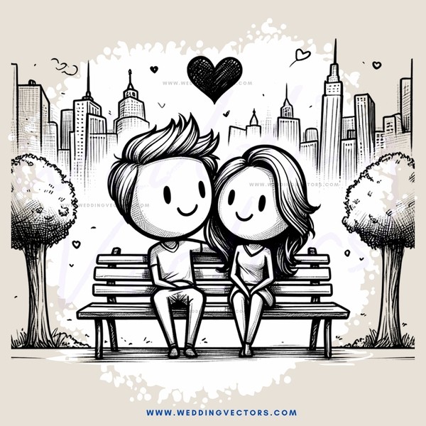 a couple sitting on a bench in front of a city skyline
