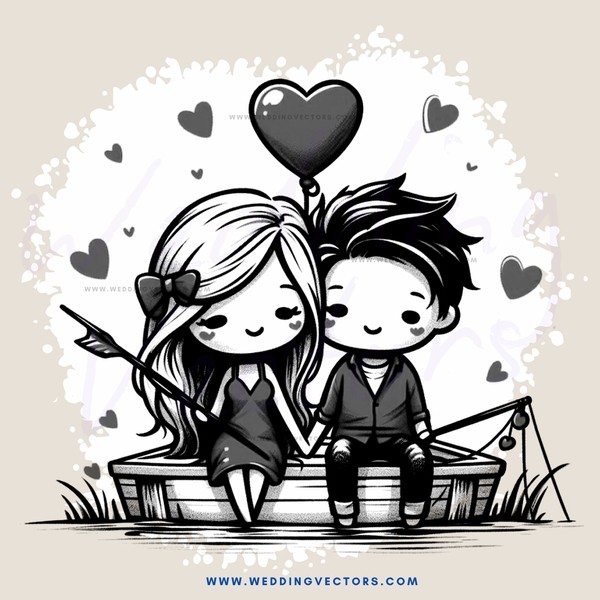 a couple sitting by a stream with hearts floating around them