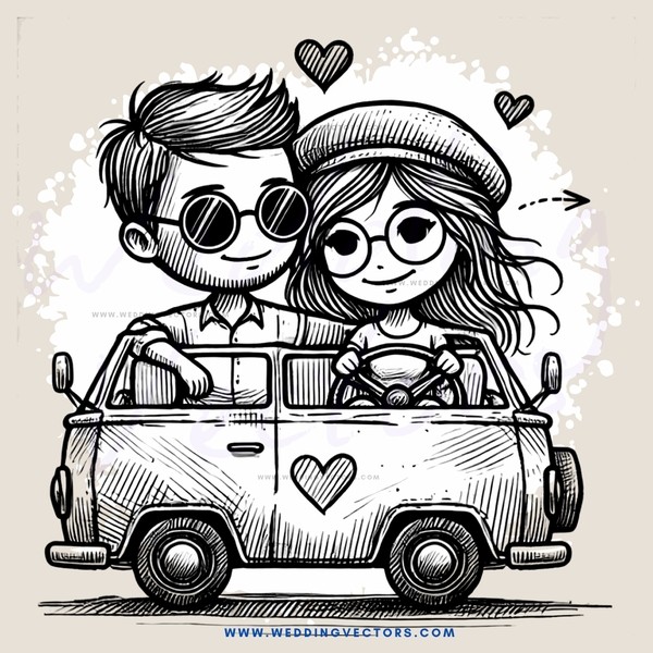 a couple in a car with a heart on it