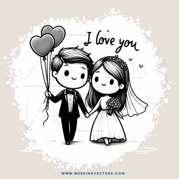 love you poster with balloons and bride & groom in black and white